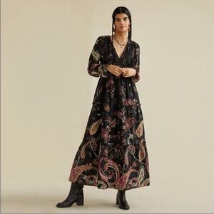 Anthropologie Floral Black Dress with Pink and Gold Accents
